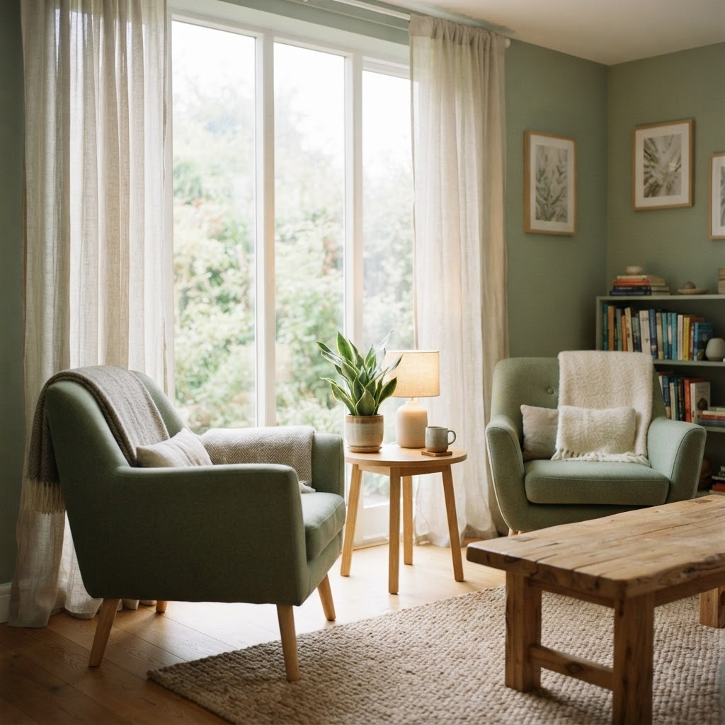A softly lit counselling room with two comfortable armchairs by a window